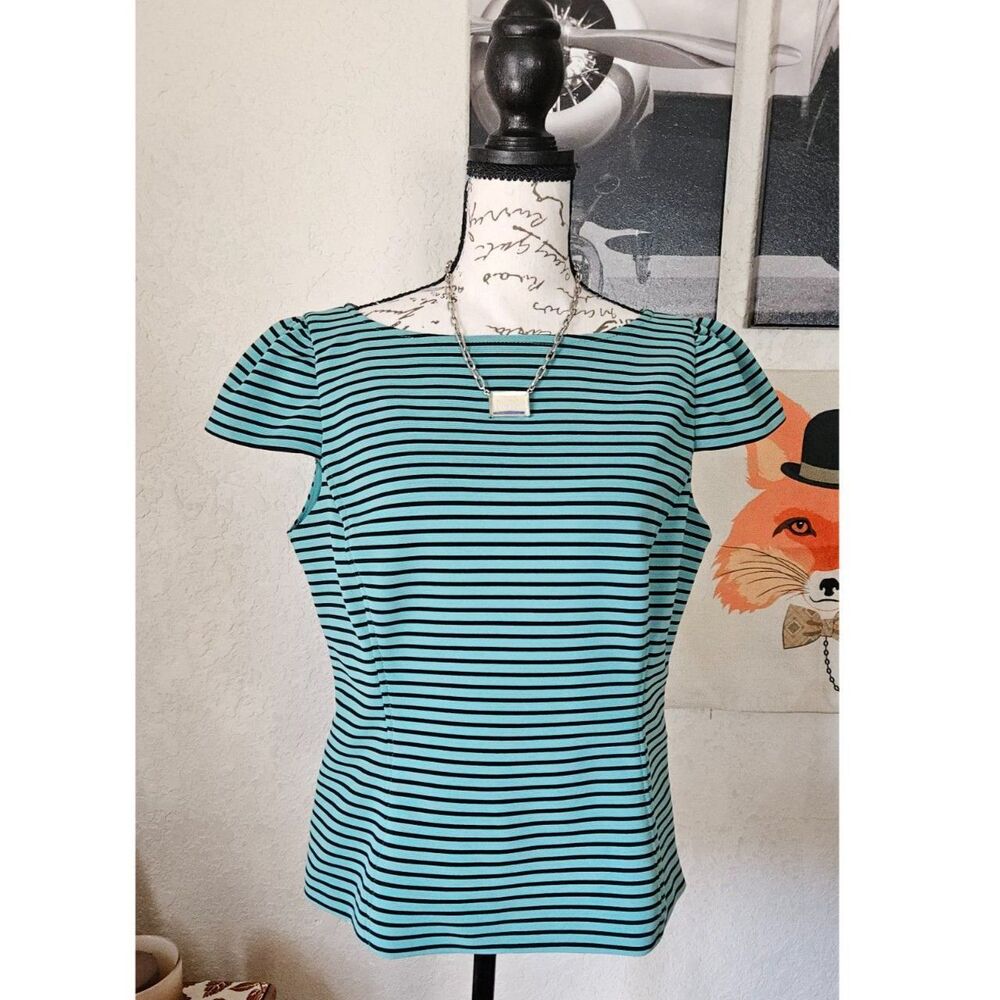 Nine West Mint & Black Striped Textured Knit Blouse ~ Boat Neck Size 6